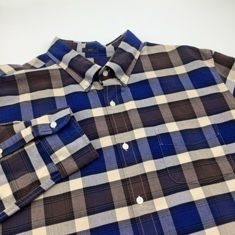 J Crew Oxford Mens Slim LS Button Up Flannel Plaid Shirt Blue Brown Size XL